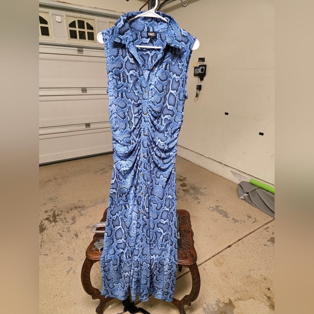 INC International Concepts Blue Snake-Print Sleeveless Midi Dress